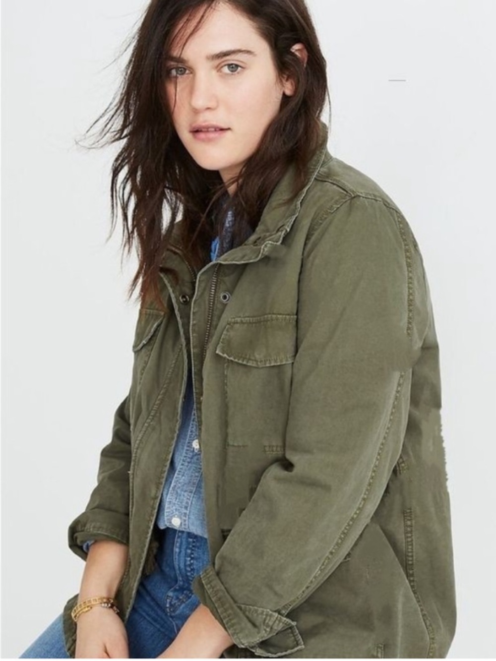 a.n.a. Army Green Military Shirt Jacket Shacket Button Front Utility Size M